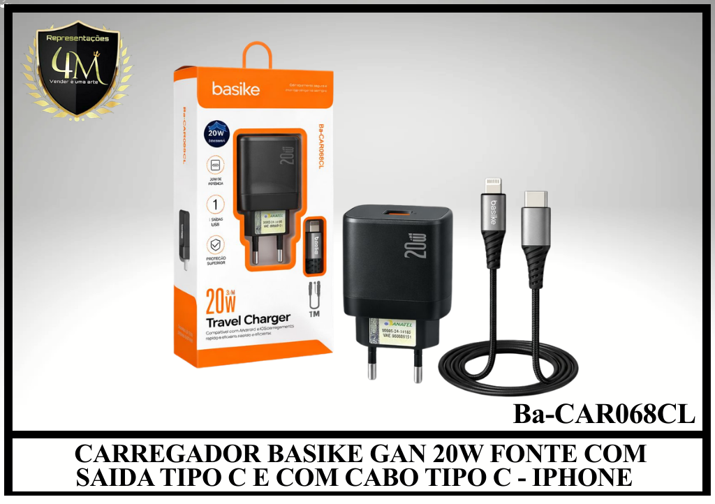 B85 - CARREGADOR BASIKE GAN 20W FONTE COM SAIDA TIPO C E COM CABO TIPO C - IPHONE Ba-CAR068CL / Ba-CAR068AL