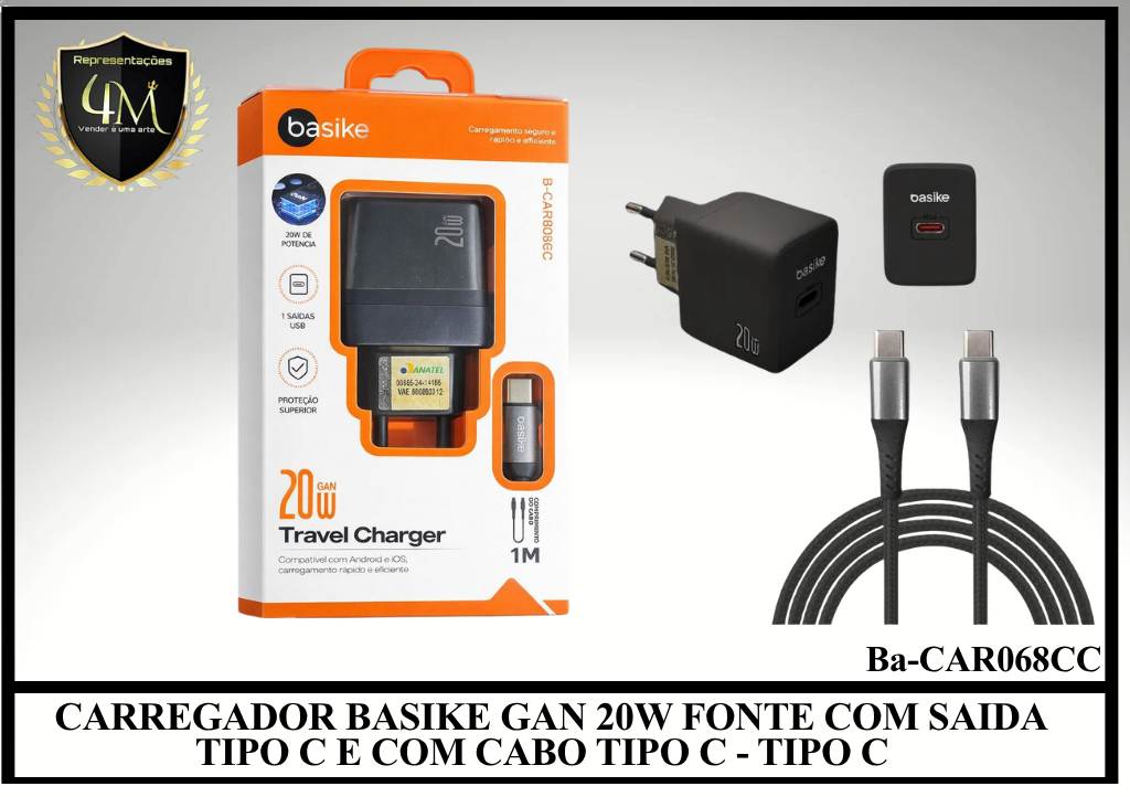 B86 - CARREGADOR BASIKE GAN 20W FONTE COM SAIDA TIPO C E COM CABO TIPO C - TIPO C Ba-CAR068CC