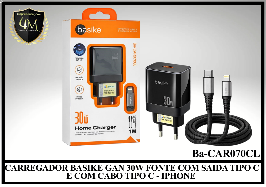 B87 - CARREGADOR BASIKE GAN 30W  COM CABO TIPO C PARA IPHONE Ba-CAR070CL