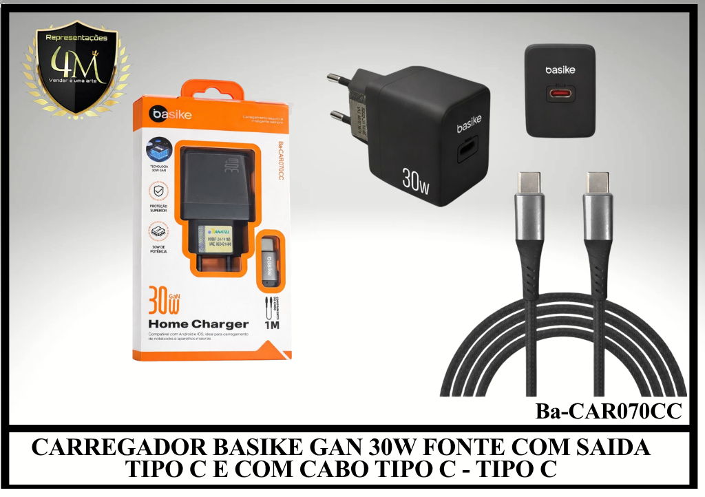 B88 - CARREGADOR BASIKE GAN 30W FONTE COM SAIDA TIPO C E COM CABO TIPO C - TIPO C Ba-CAR070CC