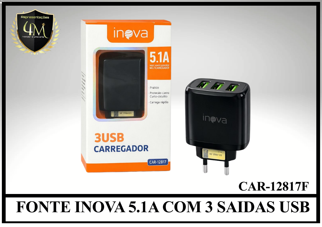 E29 - FONTE INOVA 5.1A COM 3 SAIDAS USB CAR-12817 / CAR 12817F