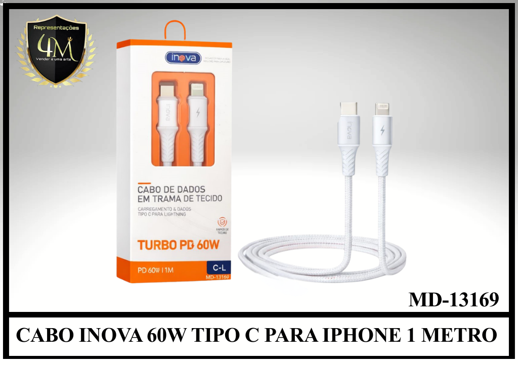 A127 - CABO INOVA 60W TIPO C PARA IPHONE 1 METRO MD-13169