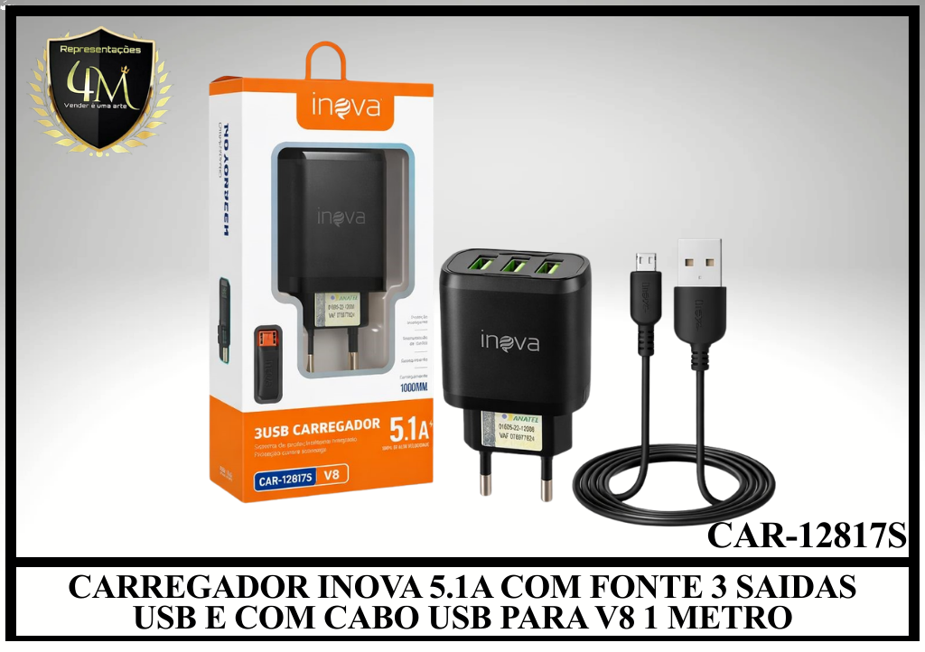 B89 - CARREGADOR INOVA 5.1A COM FONTE 3 SAIDAS USB E COM CABO USB PARA V8 1 METRO CAR-12817S