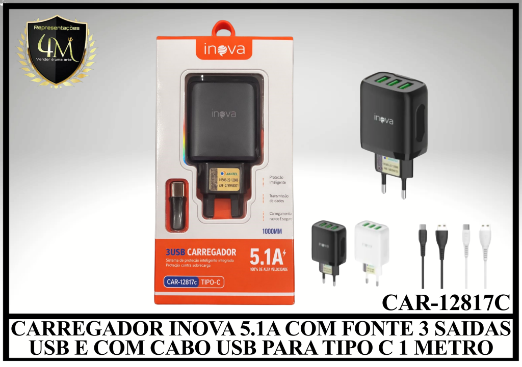B90 - CARREGADOR INOVA 5.1A COM FONTE 3 SAIDAS USB E COM CABO USB PARA TIPO C 1 METRO CAR-12817C