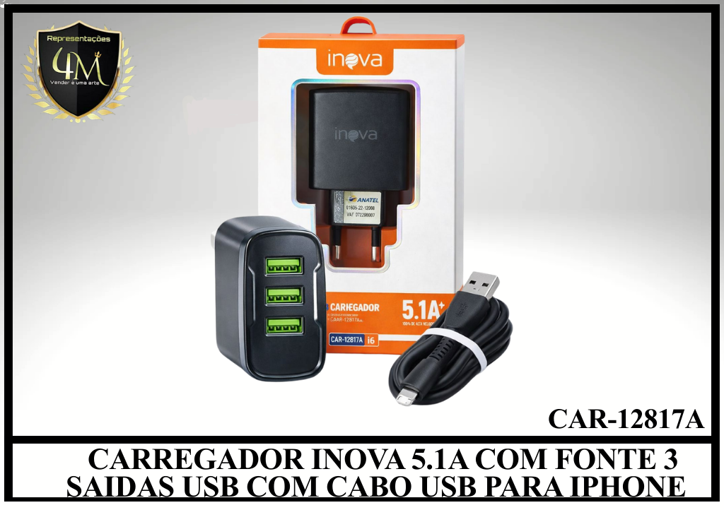 B91 - CARREGADOR INOVA 5.1A COM FONTE 3 SAIDAS USB COM CABO USB PARA IPHONE CAR-12817A