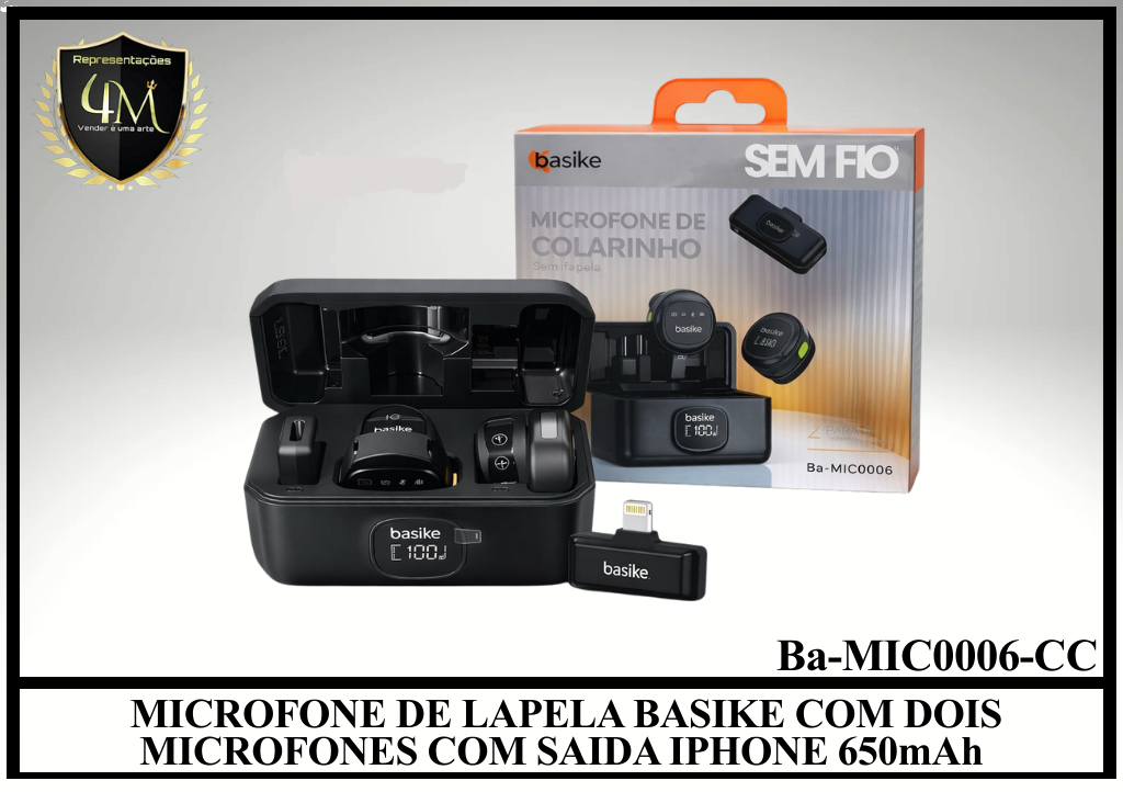 M04 - MICROFONE DE LAPELA BASIKE COM DOIS MICROFONES COM SAIDA IPHONE 650mAh Ba-MIC0006-CC