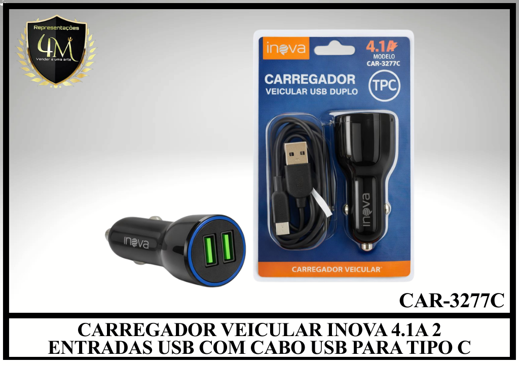 F19 CARREGADOR VEICULAR INOVA 4.1A 2 ENTRADAS USB COM CABO USB PARA TIPO C CAR-3277C