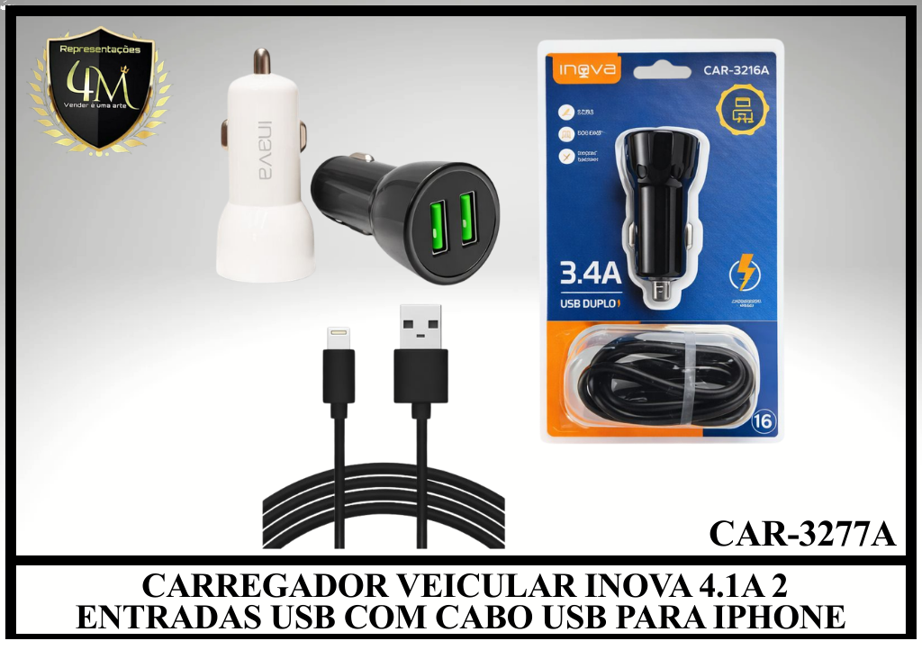 F20 CARREGADOR VEICULAR INOVA 4.1A 2 ENTRADAS USB COM CABO USB PARA IPHONE CAR-3277A
