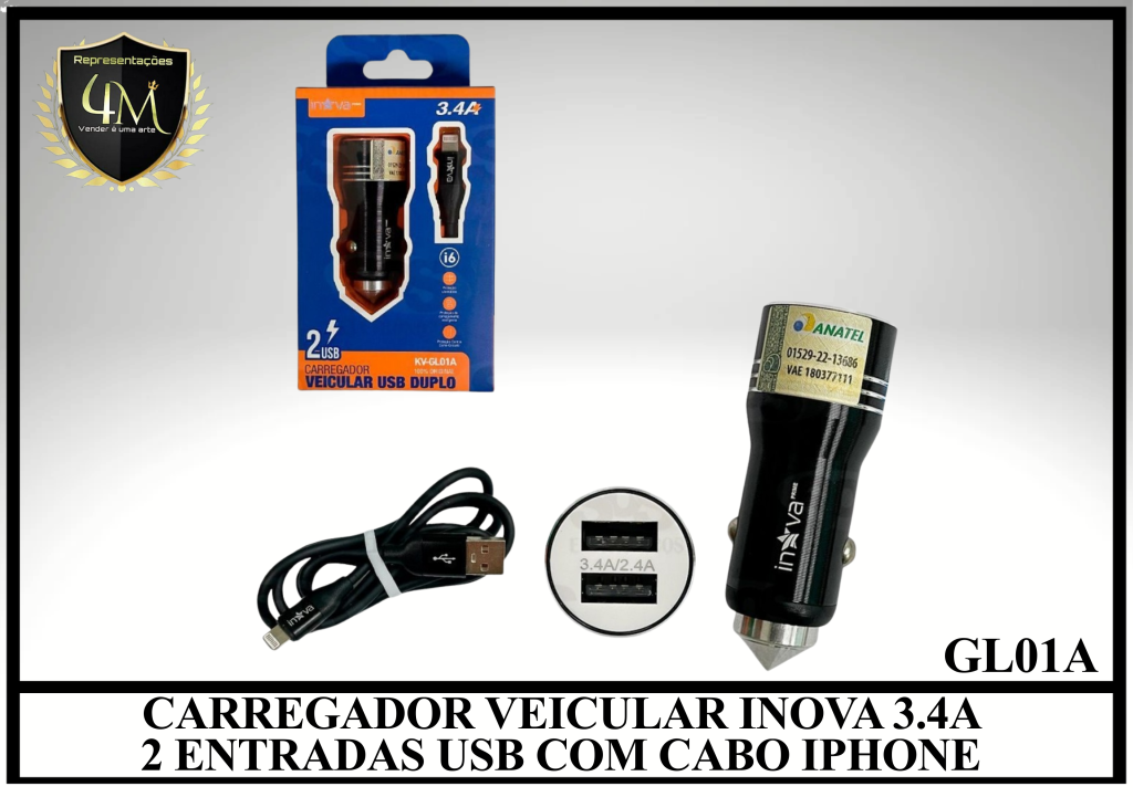 F21 CARREGADOR VEICULAR INOVA 3.4A 2 ENTRADAS USB COM CABO IPHONE GL01A