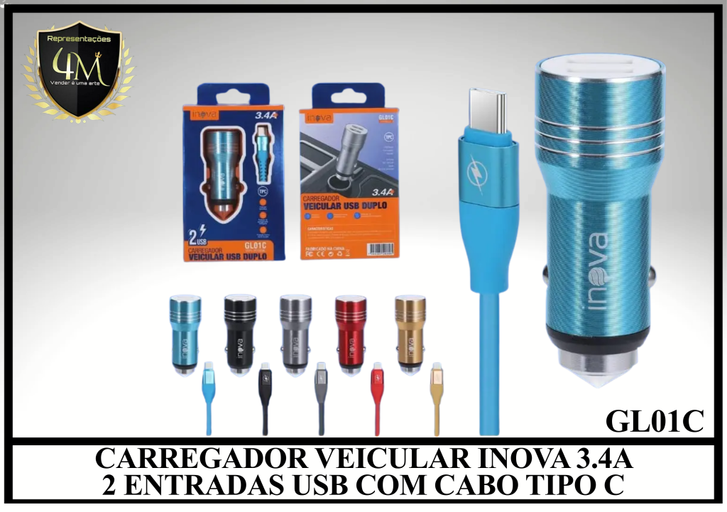 F22 CARREGADOR VEICULAR INOVA 3.4A 2 ENTRADAS USB COM CABO TIPO C GL01C