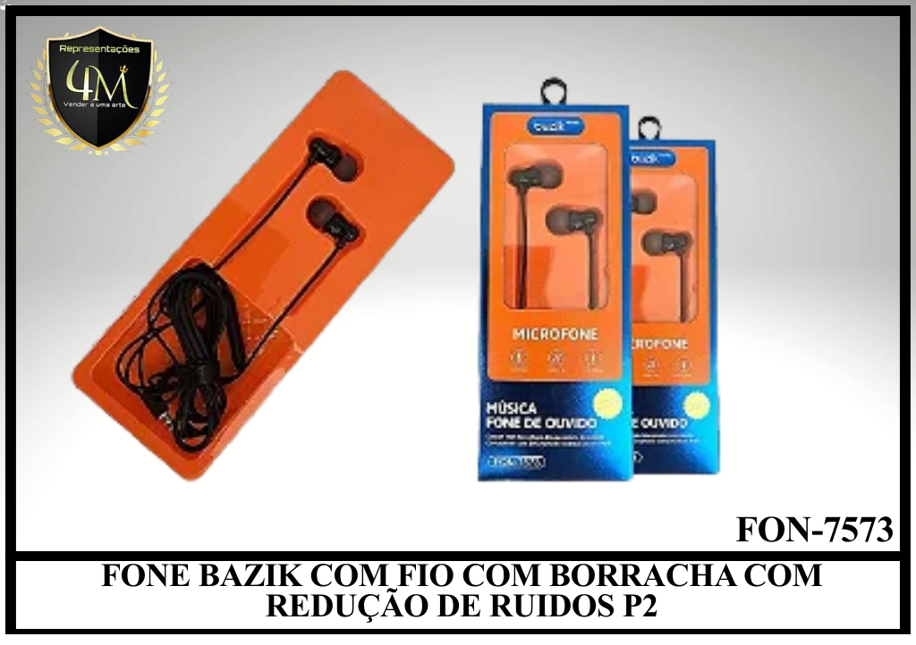 D67 - FONE BAZIK COM FIO COM BORRACHA COM REDUÇÃO DE RUIDOS P2 FON-7573