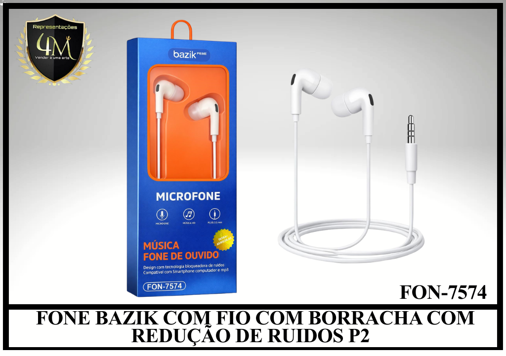 D68 - FONE BAZIK COM FIO COM BORRACHA COM REDUÇÃO DE RUIDOS P2 FON-7574