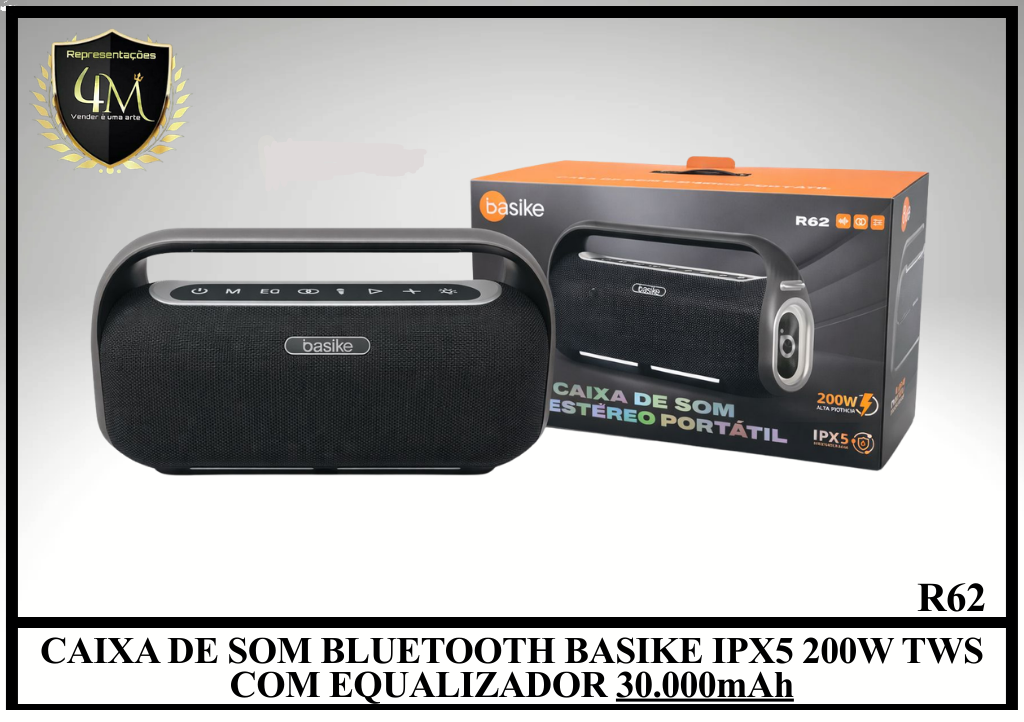 CX 29 CAIXA DE SOM BLUETOOTH BASIKE IPX5 200W TWS COM EQUALIZADOR R62