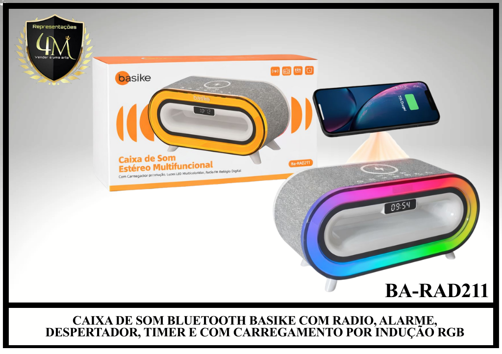 CX 30 CAIXA DE SOM BLUETOOTH BASIKE COM RADIO, ALARME, DESPERTADOR, TIMER E COM CARREGAMENTO POR INDUÇÃO RGB Ba-RAD211