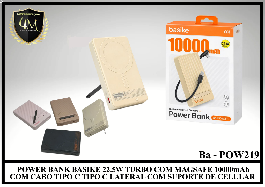 E027 POWER BANK BASIKE 22.5W TURBO COM MAGSAFE 10000mAh COM CABO TIPO C TIPO C LATERAL COM SUPORTE DE CELULAR Ba-POW219