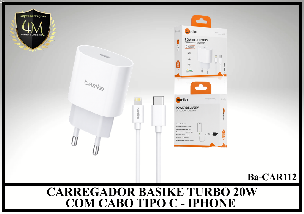 B92 - CARREGADOR BASIKE TURBO 20W COM CABO TIPO C - IPHONE Ba-CAR112
