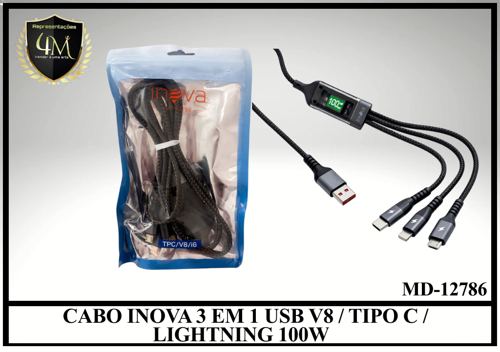 A144 - CABO INOVA 3 EM 1 USB V8 / TIPO C / LIGHTNING 100W MD-12786