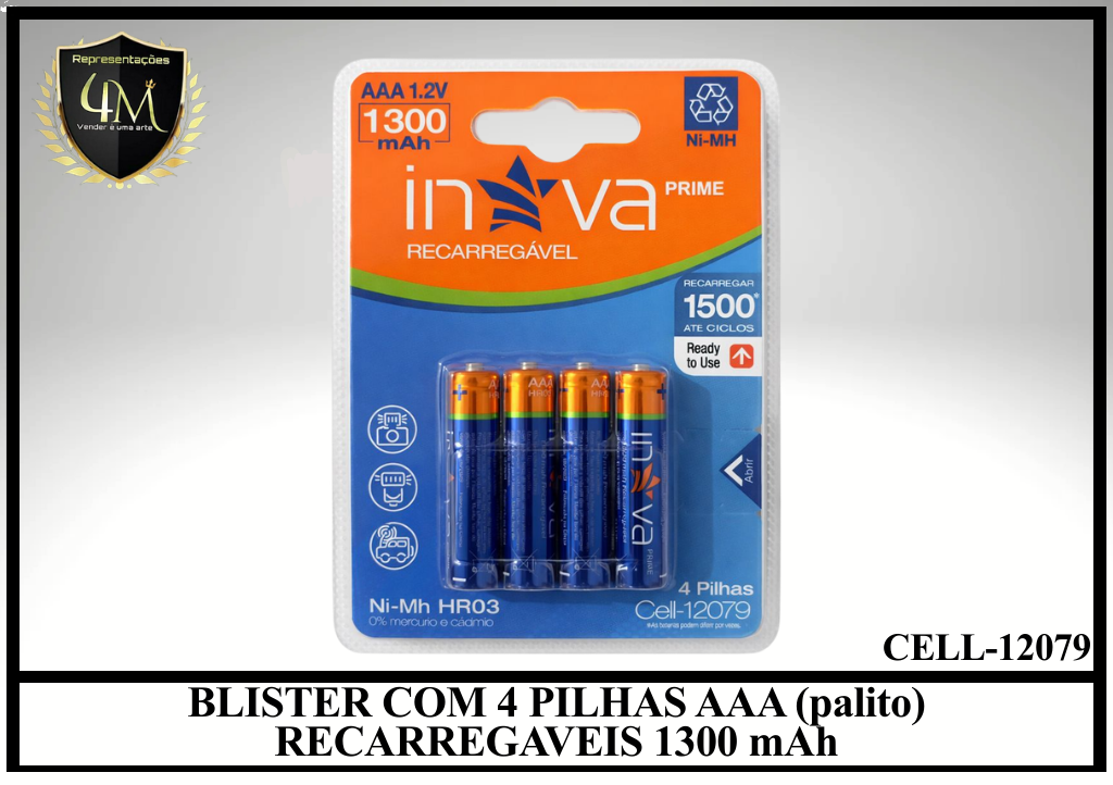 PI 10 BLISTER COM 4 PILHAS AAA (palito) RECARREGAVEIS 1300 mAh CELL-11046 12079