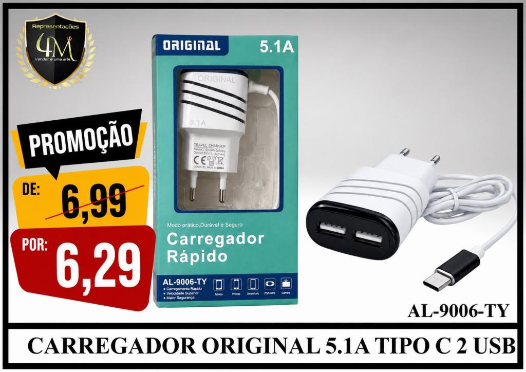 B93 - CARREGADOR ORIGINAL 5.1A TIPO C 2 USB AL-9006-TY #