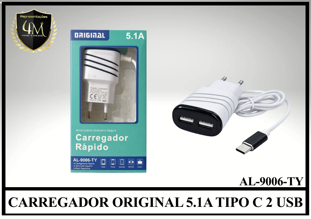 B93 - CARREGADOR ORIGINAL 5.1A TIPO C 2 USB AL-9006-TY