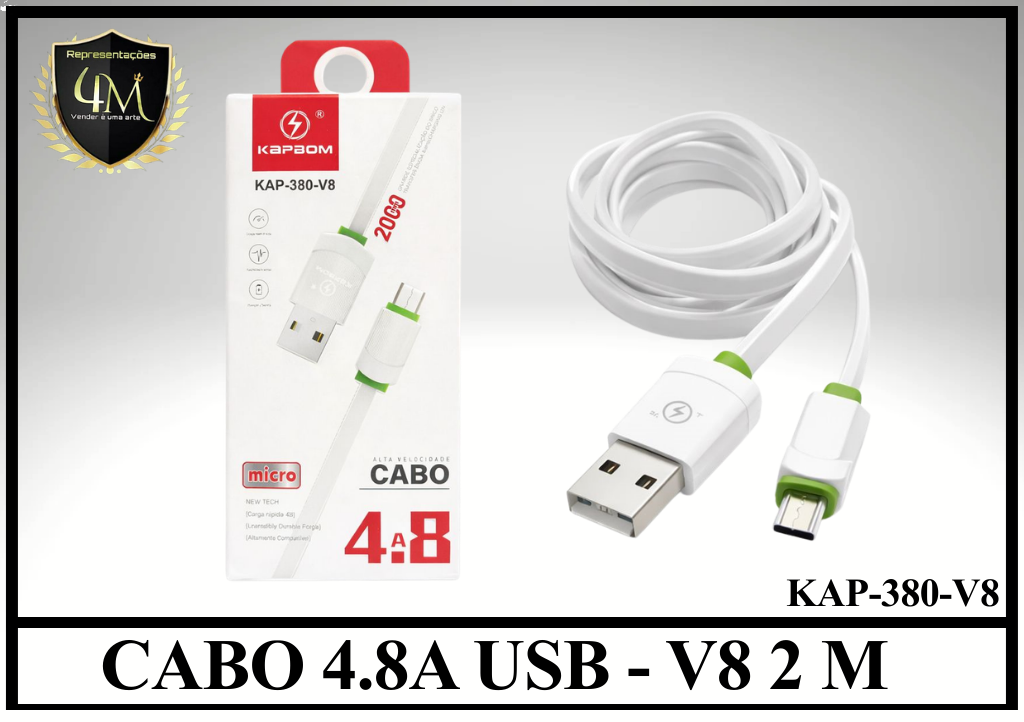 A150 - CABO KAPBOM 4.8A USB - V8 2 METROS KAP-380-V8
