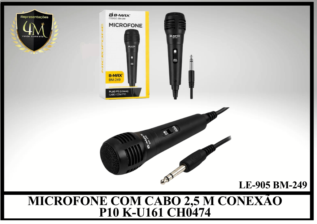 MIC 01 MICROFONE COM CABO 2,5 M CONEXÃO P10 K-U161 CH0474 LE-905 BM-249