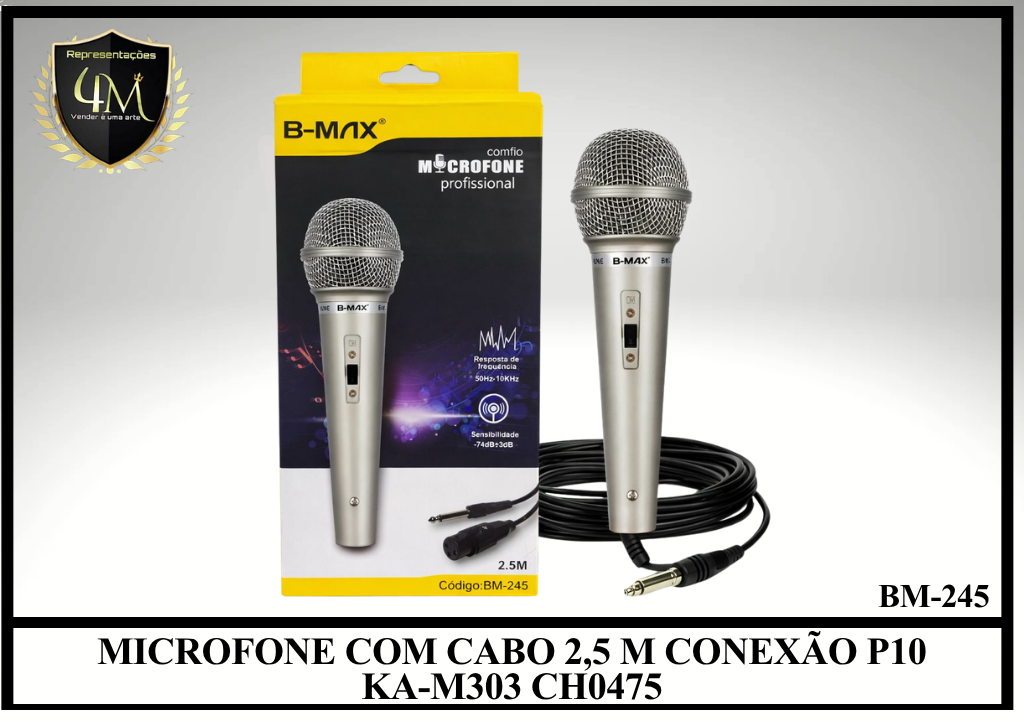 MIC 07 MICROFONE COM CABO 2,5 M CONEXÃO P10 KA-M303 CH0475 BM-245