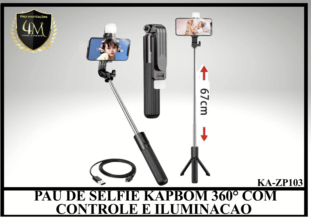 SEL 04 PAU DE SELFIE KAPBOM 360° COM CONTROLE E MINI RING LIGHT KA-ZP103