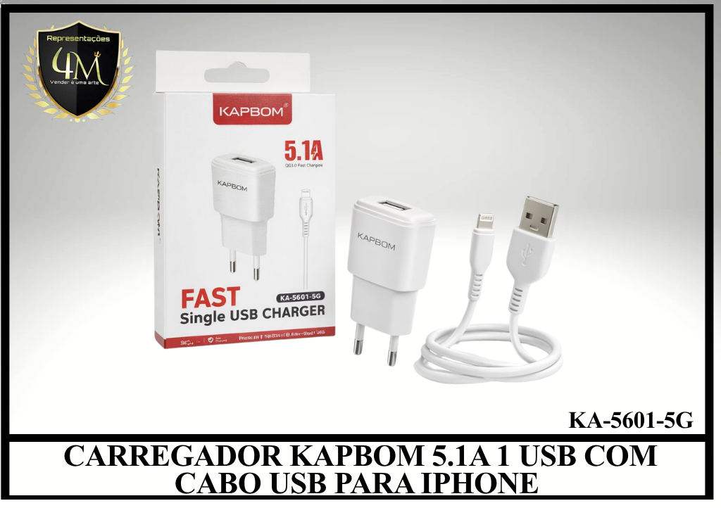 B39-1 - CARREGADOR KAPBOM 5.1A 1 USB COM CABO USB PARA IPHONE KA-5601-5G