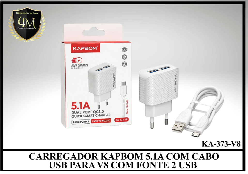 B75-1 - CARREGADOR KAPBOM 5.1A COM CABO USB PARA V8 COM FONTE 2 USB KA-373-V8 / 5606-V8