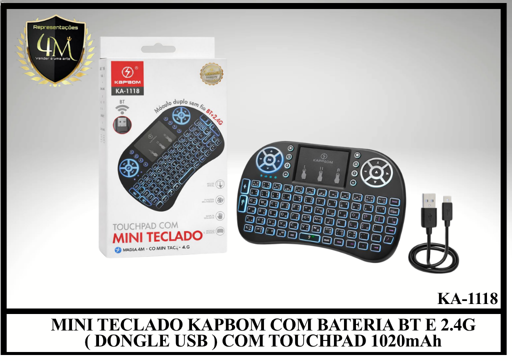 J08 - MINI TECLADO KAPBOM COM BATERIA BT E 2.4G ( DONGLE USB ) COM TOUCHPAD 1020mAh KA-1118