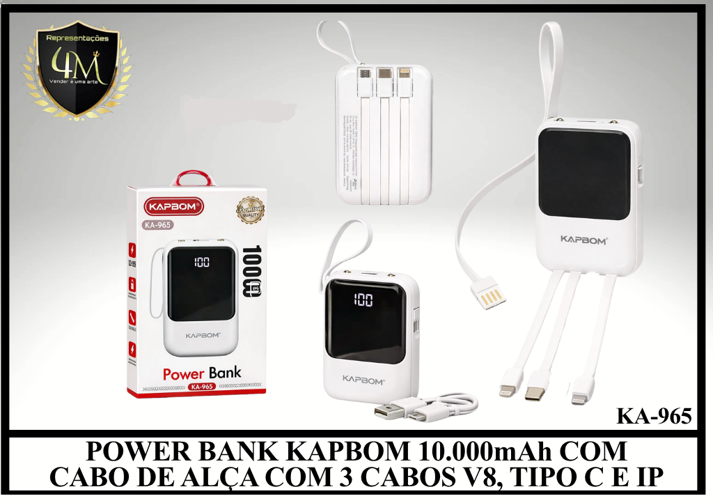 E029 POWER BANK KAPBOM 10.000mAh COM CABO DE ALÇA COM 3 CABOS V8, TIPO C E IPHONE KA-965