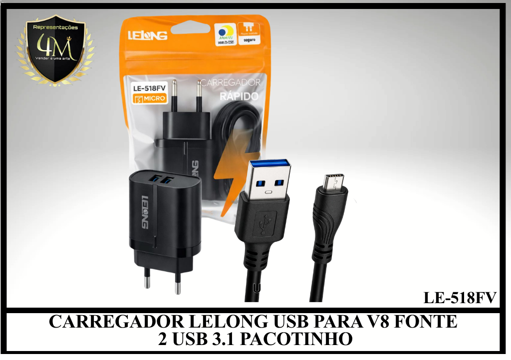 B84-1 - CARREGADOR LELONG USB PARA V8 FONTE 2 USB 3.1 PACOTINHO LE-518FV