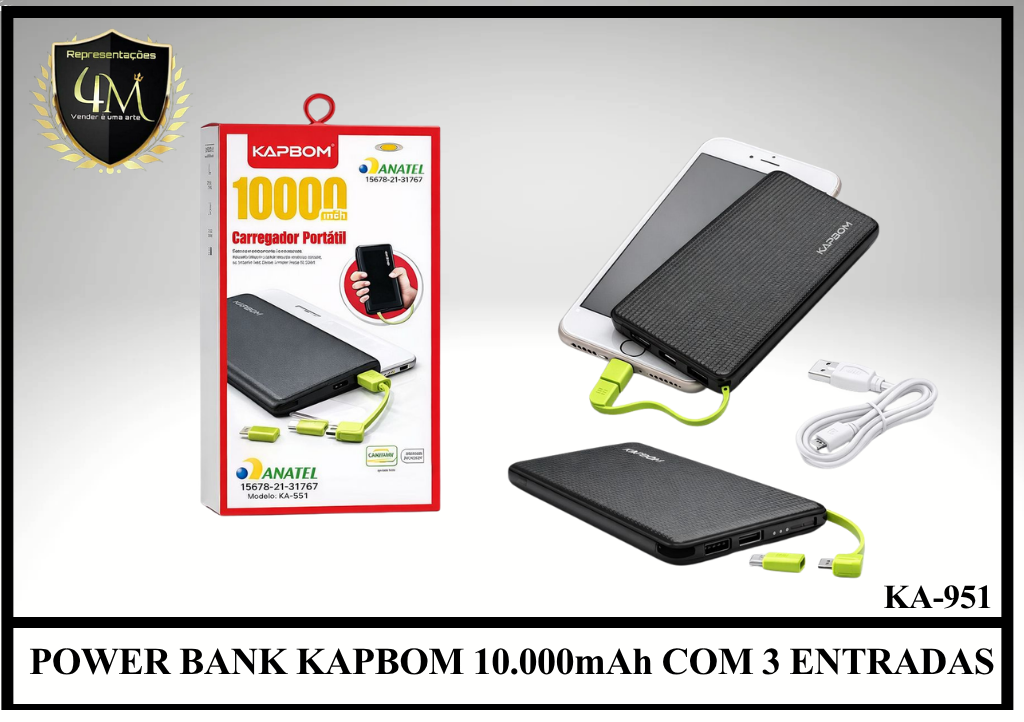E030 POWER BANK KAPBOM 10.000mAh COM 3 ENTRADAS KA-951