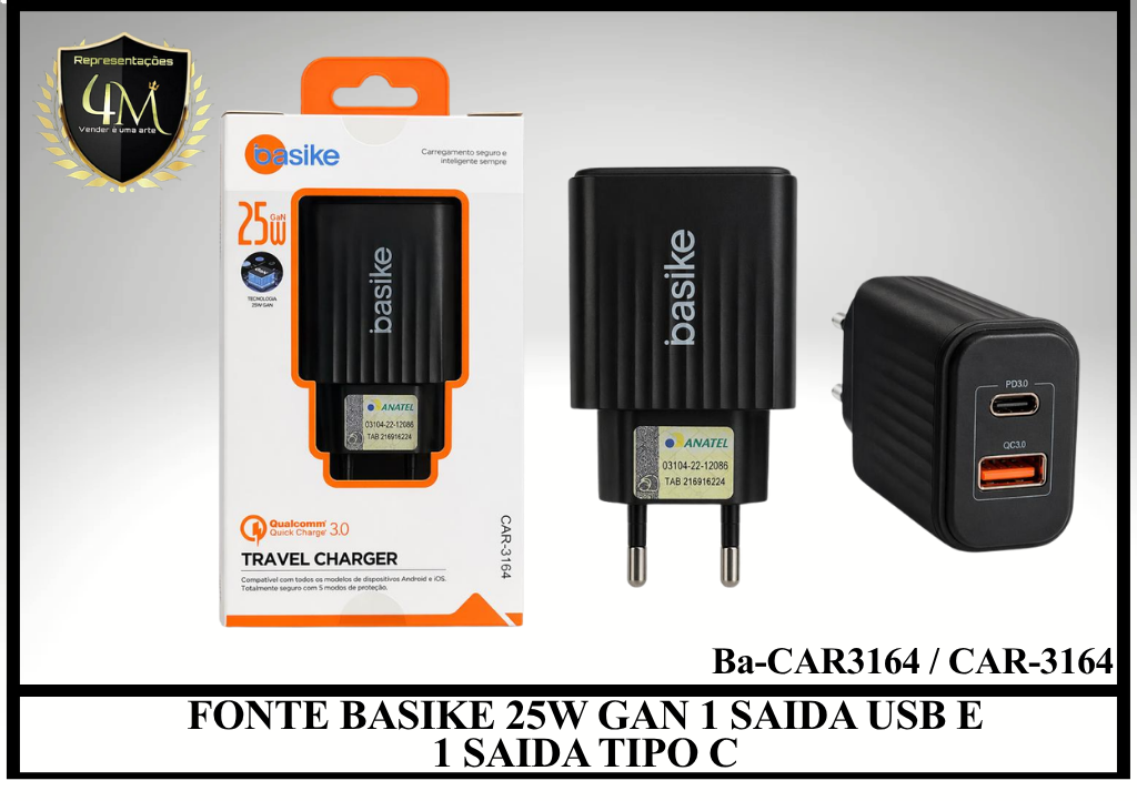 E33 - FONTE BASIKE 25W GAN 1 SAIDA USB E 1 SAIDA TIPO C Ba-CAR3164 / CAR-3164