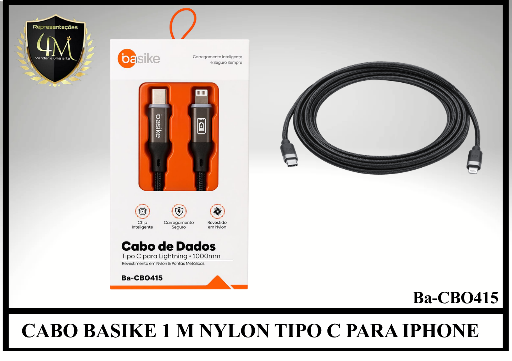 A163 - CABO BASIKE 1 METRO NYLON TIPO C PARA IPHONE Ba-CBO415
