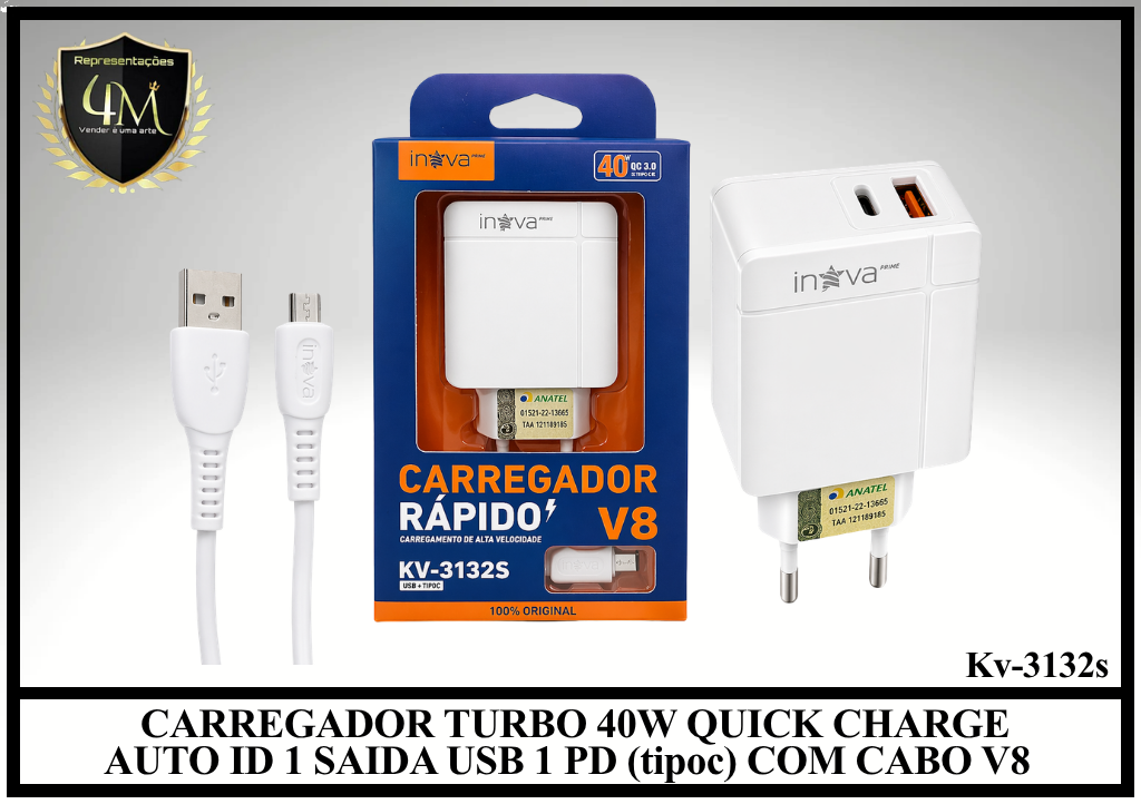 B94 - CARREGADOR TURBO 40W QUICK CHARGE AUTO ID 1 SAIDA USB 1 PD (tipoc) COM CABO V8 Kv-3132s
