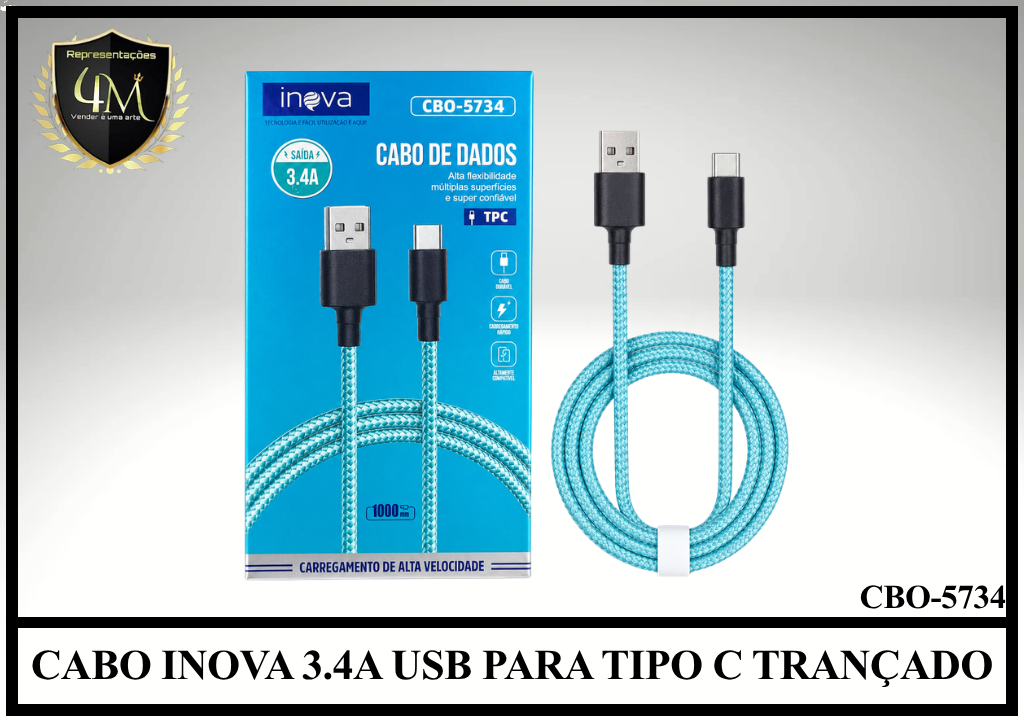 A166 - CABO INOVA 3.4A USB PARA TIPO C TRANÇADO CBO-5734