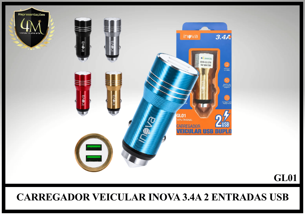 F21-1 CARREGADOR VEICULAR INOVA 3.4A 2 ENTRADAS USB GL01