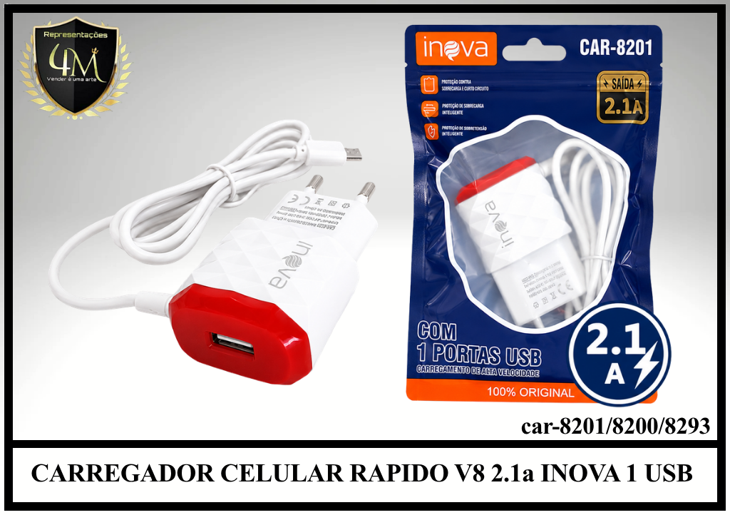 B96 - CARREGADOR CELULAR RAPIDO V8 2.1a INOVA 1 USB car-8201/8200/8293