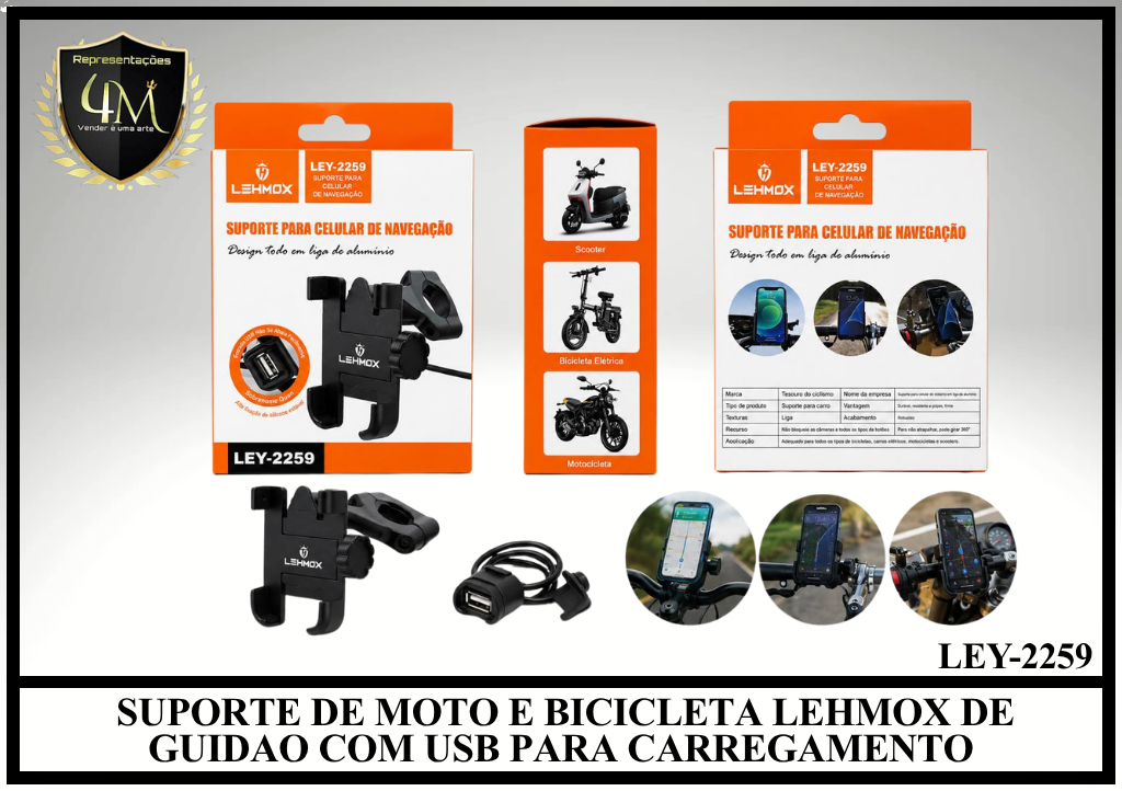 S06 - SUPORTE DE MOTO E BICICLETA LEHMOX DE GUIDAO COM USB PARA CARREGAMENTO LEY-2259