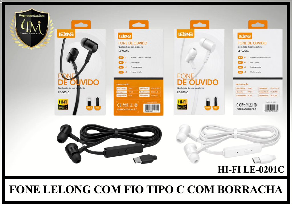 D69 - FONE LELONG COM FIO TIPO C COM BORRACHA HI-FI LE-0201C
