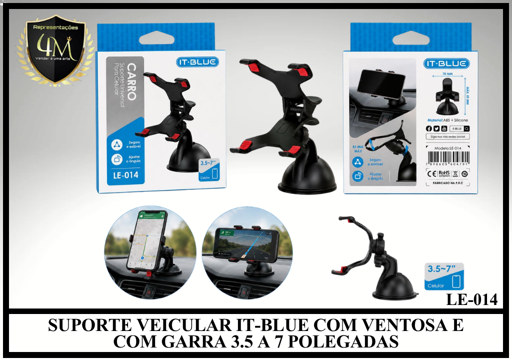 C38 SUPORTE VEICULAR IT-BLUE COM VENTOSA E COM GARRA 3.5 A 7 POLEGADAS LE-014