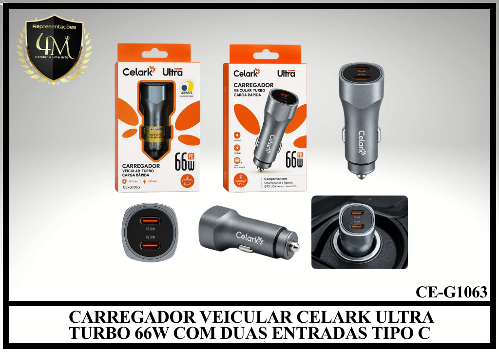 F23 CARREGADOR VEICULAR CELARK ULTRA TURBO 66W COM DUAS ENTRADAS TIPO C CE-G1063