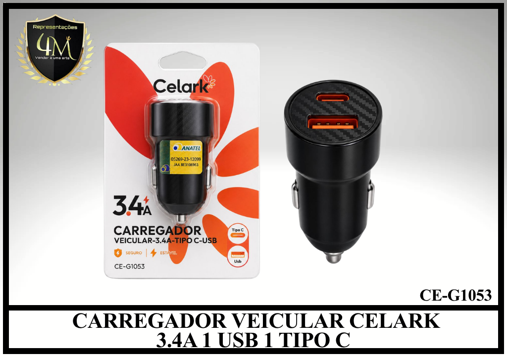 F24 CARREGADOR VEICULAR CELARK 3.4A 1 USB 1 TIPO C CE-G1053