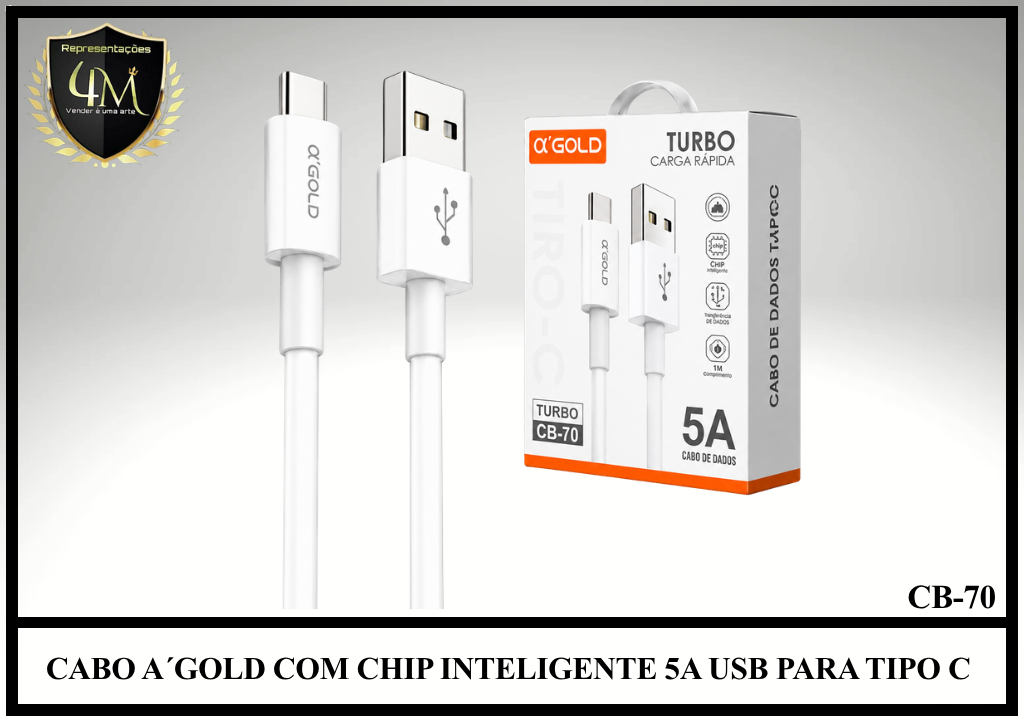A171 - CABO A´GOLD COM CHIP INTELIGENTE 5A USB PARA TIPO C CB-70