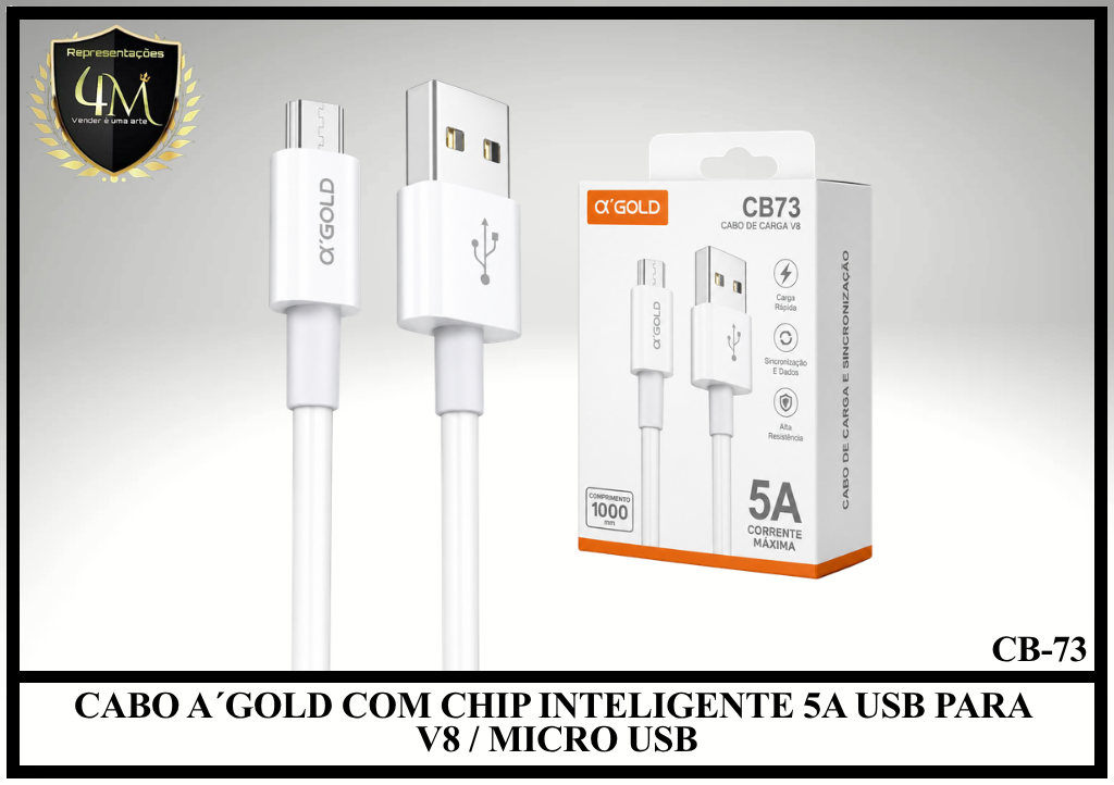 A172 - CABO A´GOLD COM CHIP INTELIGENTE 5A USB PARA V8 / MICRO USB CB-73