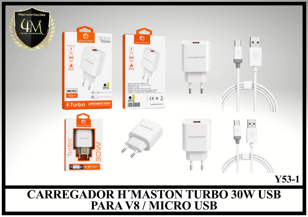 B99 - CARREGADOR H´MASTON TURBO 30W USB PARA V8 / MICRO USB Y53-1