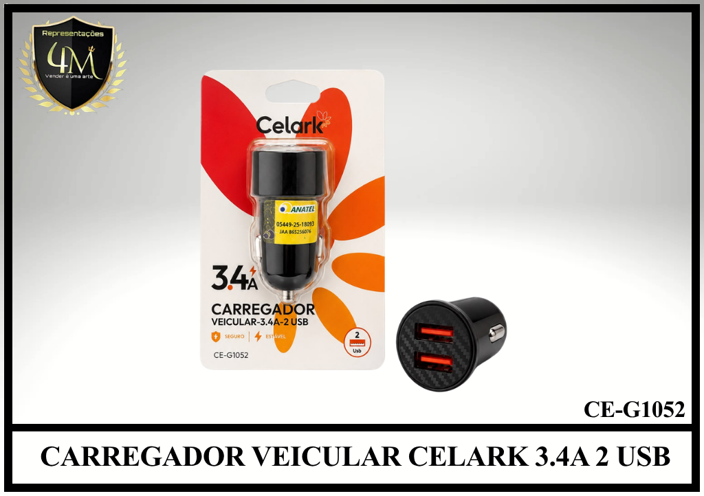F24-1 CARREGADOR VEICULAR CELARK 3.4A 2 USB CE-G1052