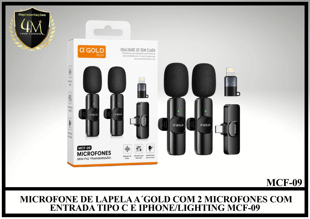 M07 - MICROFONE DE LAPELA A´GOLD COM 2 MICROFONES COM ENTRADA TIPO C E IPHONE/LIGHTING MCF-09